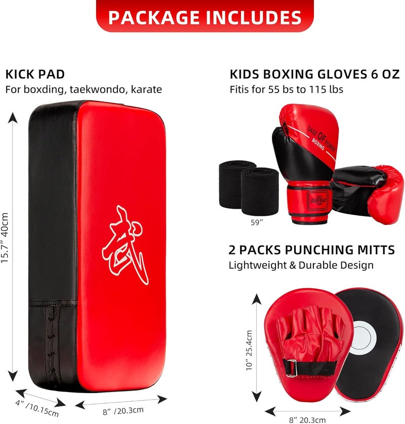 ZERUIDM 4-in-1 Kids Boxing Pads Gloves Kick Punching Mitts Set, Leather Hand Target Focus Pads, MMA Muay Thai Pads for Kicking Taekwondo Karate Kickboxing, Youth Boxing Training Sparring Gear Equipment - Image 4